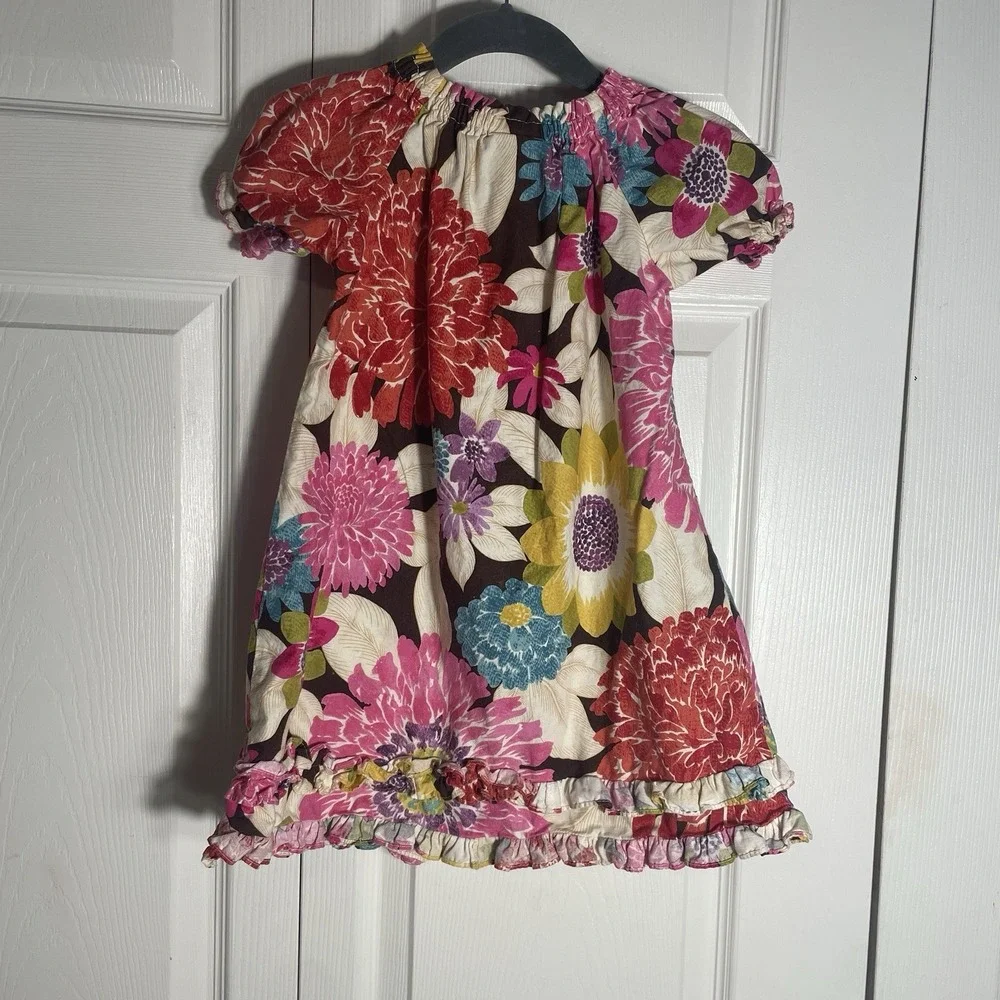 Le Za Me Dress Girls 4T 100% Cotton Pink Yellow Floral Puff Sleeve Ruffle Boho
